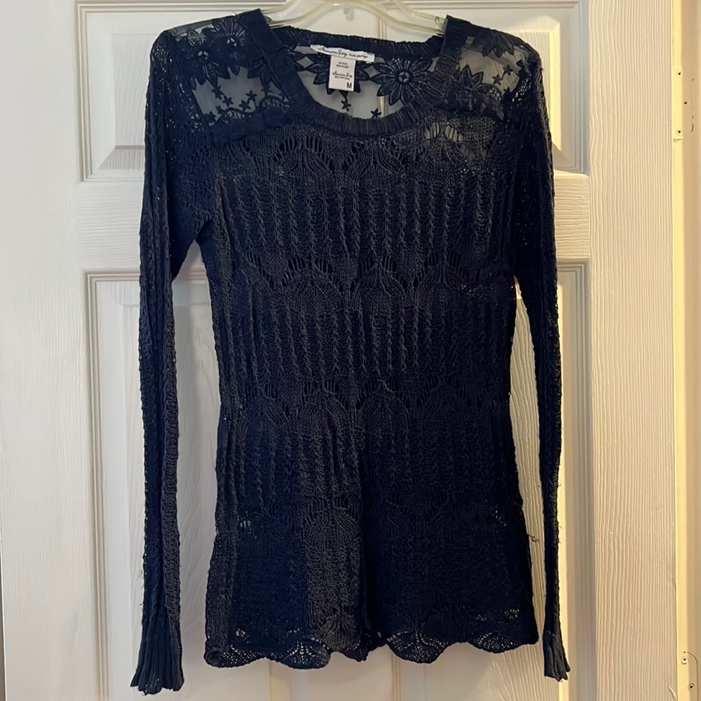 American Rag navy blue sweater. Cut out details,lace, and flowers